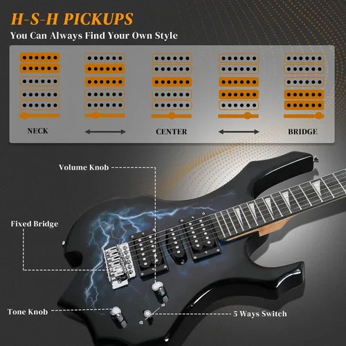 Miniatura 3 de Kit de guitarra eléctrica Ktaxon con diseño Burning Fire, guitarra eléctrica de 39 pulgadas HSH para principiantes con amplificador, diapasón