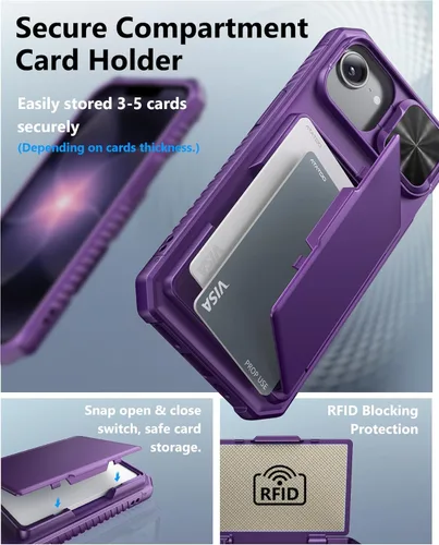 Miniatura 3 de ATATOO Funda para iPhone 16e, tarjetero integrado (almacena 3-5 tarjetas) y cubierta de cámara deslizante y bloqueo RFID, protección de grado