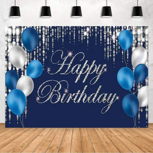 Miniatura 5 de Cartel de fondo de feliz cumpleaños azul marino y plateado para hombres, mujeres, fondo de fotografía de jubilación, suministros de decoración