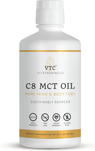 VTC VitaTradingCo. Aceite C8 MCT 100% puro | Ácido caprílico destilado 3X | Grasa saludable para energía limpia | De origen sostenible | Sin OMG,