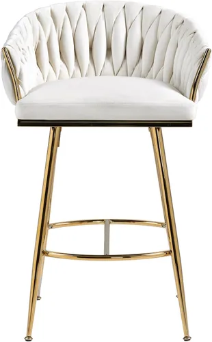 Miniatura 3 de Taburete de bar de 26 pulgadas de altura de mostrador, taburete de bar de terciopelo para isla de cocina, con respaldo ondulado, base cromada dorada