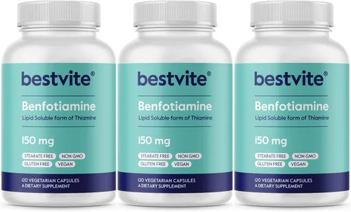 BESTVITE Benfotiamina 150 mg (360 cápsulas vegetarianas) (120 x 3) - Sin estearatos - Sin dióxido de silicio - Vegano - Sin OMG - Sin gluten