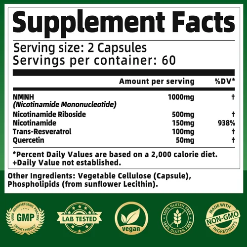 Miniatura 5 de Suplemento NMNH 1000mg - Alternativa de nicotinamida mononucleótido, aumenta NAD+ con resveratrol liposomal y nicotinamida ribósido NR, para células