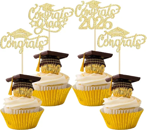 Miniatura 12 de Gyufise 24 piezas de decoración para cupcakes con purpurina para graduación 2026, decoración de pasteles para graduación 2026, decoración de Negro