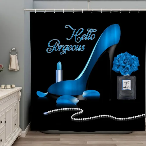 Cortina de ducha de moda para niña, botella de perfume Hello Gorgeous de color azul, tacones altos, maquillaje de flores rosas, lápiz labial, amante