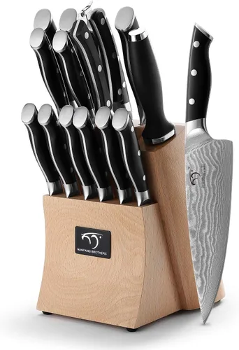 NANFANG BROTHERS Juego de cuchillos de cocina de Damasco de 15 piezas con acero de Damasco japonés de 67 capas, mango ergonómico ABS para juego de