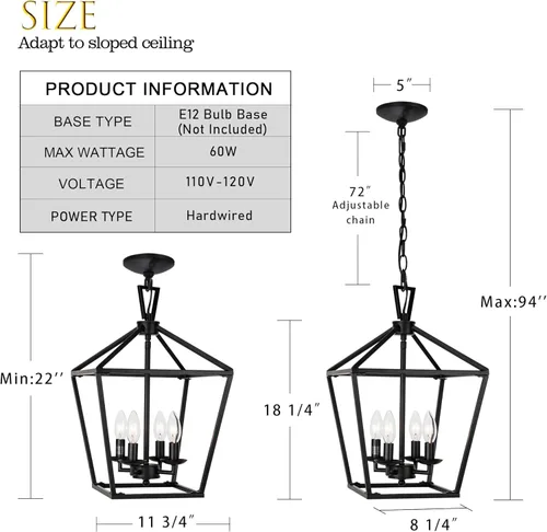 Miniatura 3 de Untrammelife Lámpara colgante de linterna negra de 4 luces, lámpara colgante de jaula cuadrada de altura ajustable de 11 pulgadas de ancho, lámpara