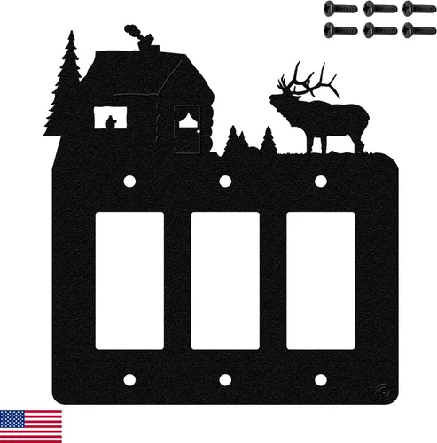 Elk & Cabin - Placa de pared para interruptor de luz triple (GFCI), color negro, fabricada en Estados Unidos