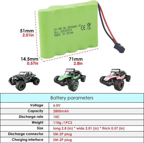 Miniatura 2 de 2 unids AA 6.0 V 2800 mAh SM-2P enchufe batería recargable y cable de carga USB para TB141 TB142 DE37 RC coche juguete coche control remoto