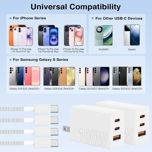 Miniatura 8 de USB C de carga súper rápida de 65 W para iPhone 17 16 Pro Max, bloque de carga USB C de 3 puertos de 100 W PD y cable trenzado tipo C de 3/6/6/10