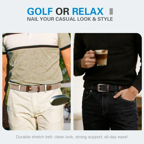 Miniatura 2 de Cinturón de golf para hombre, 2 unidades, cinturón elástico trenzado de 1 3/8 pulgadas, en caja de regalo para jeans casuales, deportes y trabajo
