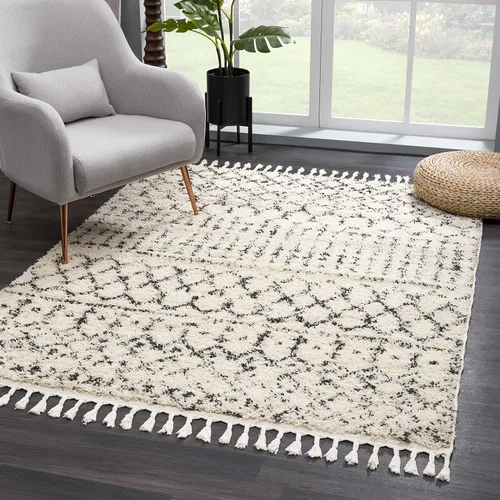 Miniatura 43 de Hauteloom, Duncans - Alfombra de estilo granja de pelo mullido para sala y dormitorio, con borlas - Beige, carbón, gris - 2 pies 7 pulgadas x 7 pies