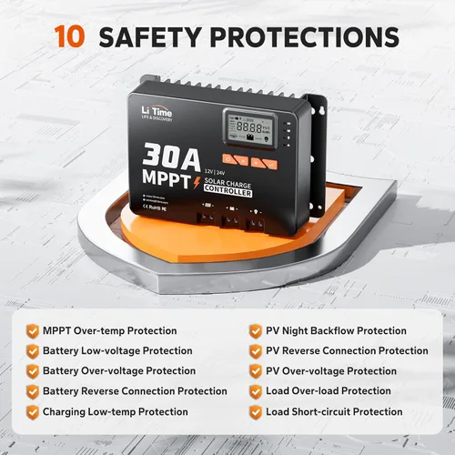 Miniatura 8 de LiTime 30 Amp MPPT 12V/24V/Auto CC de entrada controlador de carga solar, módulo Bluetooth incorporado, pantalla LCD con parámetros ajustables