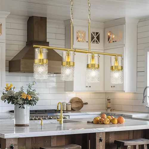 Miniatura 15 de LMS Paquete de 2 Luces Colgantes Modernas, Luz Colgante Dorada Cepillada para Isla de Cocina con Vidrio Martillado, Lámparas Colgantes Ajustables