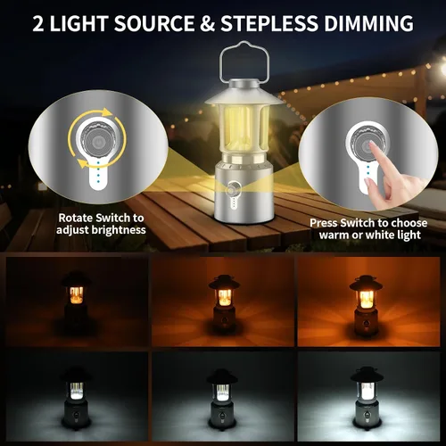 Miniatura 2 de Linterna LED retro clásica para campamento, linterna vintage recargable sin atenuación continua, 3 modos de luz (2000 K-6500 K), banco de energía