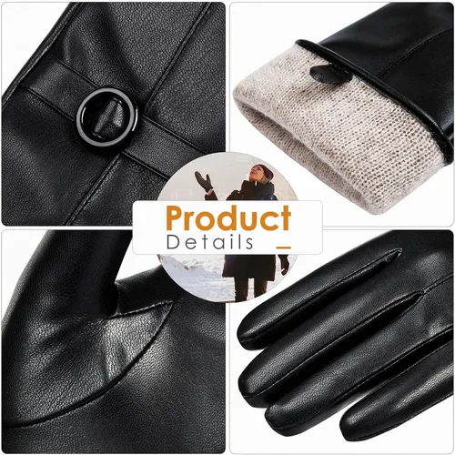 Miniatura 5 de Guantes de cuero de invierno para mujer, con pantalla táctil, guantes cálidos de piel de cordero