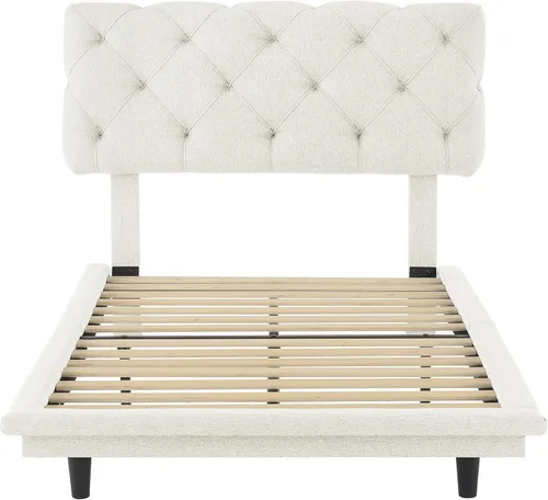 Miniatura 4 de Cama de plataforma flotante, marco de cama de madera tamaño individual con rayas claras, tela de lino suave y cabecera de diseño capitoné