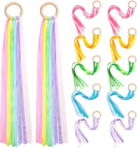 Miniatura 8 de Deekin 12 piezas de cinta de arco iris de madera Waldorf juguetes creativos Waldorf juego de cometas de mano serpentinas con anillo de madera