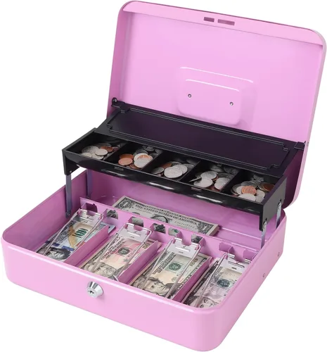 Miniatura 10 de Jssmst Caja grande de metal con cerradura con bandeja de dinero, caja de dinero con cerradura de combinación, color negro Cerradura de combinación