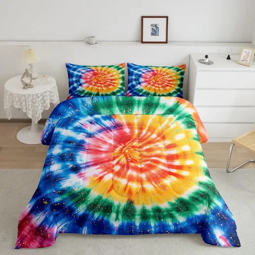 Miniatura 18 de Erosebridal Juego de edredón de teñido anudado psicodélico en espiral, tamaño individual, juego de ropa de cama bohemio con remolinos de acuarela