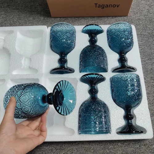 Miniatura 9 de Taganov Juego de 6 copas de vino de vidrio azul vintage, cristalería para beber con tallo, 12 onzas, 350 ml, para bodas, fiestas, barra