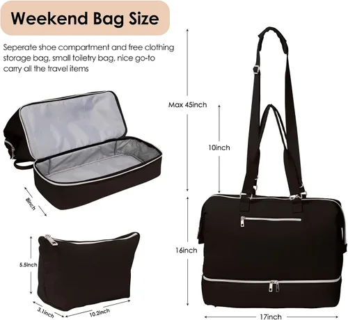 Miniatura 3 de Bolsa de fin de semana con compartimento para zapatos, bolsa de viaje para pasar la noche, Negro -, Estilo conciso
