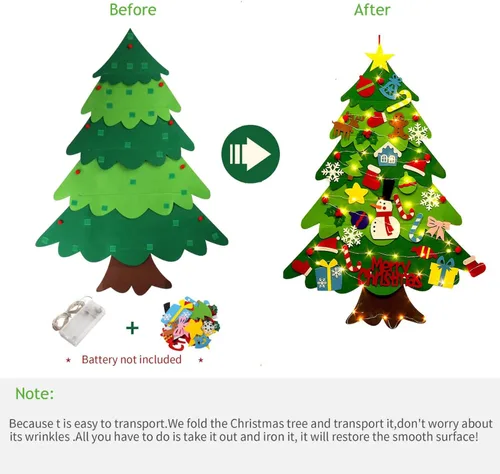 izosen Árbol de Navidad de fieltro para niños con cadena de luz LED, 3 pies para colgar en la pared, árbol de Navidad de fieltro y 32 adornos