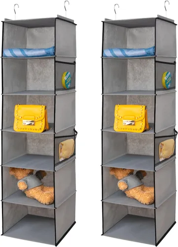 BrilliantJo Organizador colgante de armario con 6 estantes, 2 unidades de almacenamiento colgante con 4 bolsillos laterales para ropa y zapatos, 6