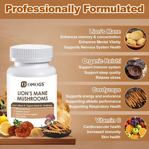 Miniatura 3 de OMOGS Cápsulas de suplemento de complejo de hongos extracto 10:1, suplemento de melena de león con Cordyceps, Reishi, para la salud del cerebro