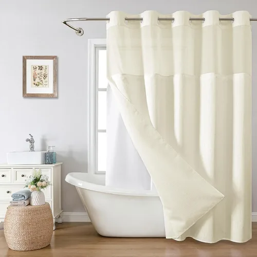 Miniatura 9 de eachope Cortina de ducha negra sin gancho con forro de tela a presión, cortinas de ducha de tejido gofre para baño, juego de cortinas de baño