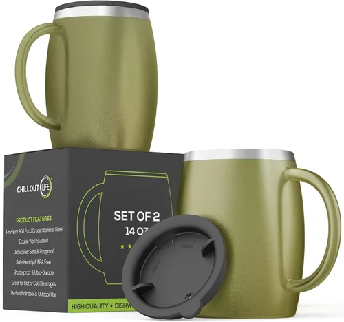 Miniatura 8 de Juego de 2 tazas de café aisladas de acero inoxidable (14 onzas) de doble pared con tapa y asa resistentes a derrames, tazas inastillables