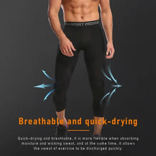Miniatura 8 de Paquete de 2 pantalones de baloncesto para hombre con rodilleras 3/4 capri acolchadas, mallas de compresión deportivas, capa base atlética