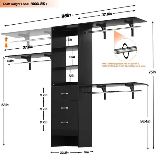Miniatura 8 de iSunirm Sistema de Armario de 8 Pies, Sistema Organizador de Armario de 96'' con 3 Barras Colgantes, Armario de Dormitorio de Montaje en Pared con 3