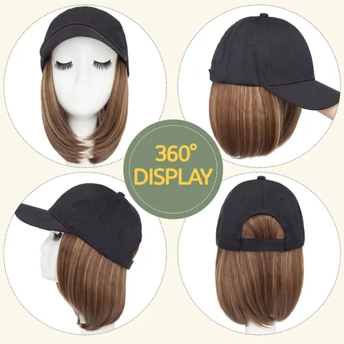 Miniatura 4 de S-noilite Peluca de gorra de béisbol de 6 pulgadas con peinado Bob y extensiones de cabello, gorra de béisbol recta ajustable para mujer