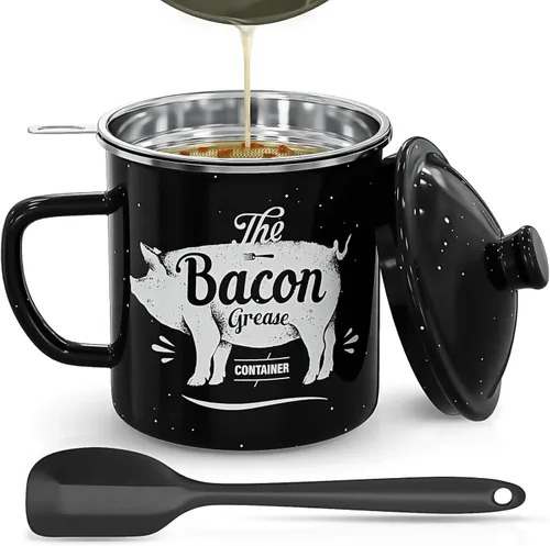 Miniatura 13 de PGYARD Mini Recipiente para Grasa de Tocino con Colador - Ahorrador de Grasa Esmaltado de 15 OZ, Guardador de Grasa de Tocino Estilo Granja