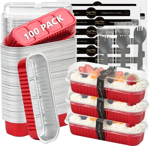 Miniatura 8 de Ruckae Paquete de 100 Mini Moldes para Pan Mini Moldes para Hornear Pan con Tapas y Cucharas, Moldes de Papel de Aluminio Desechables, Moldes
