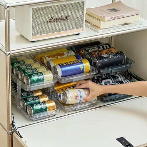 Miniatura 7 de Paquete de 2 dispensadores de latas de soda para refrigerador, organizador de latas de soda de ancho ajustable, organizador apilable de bebidas
