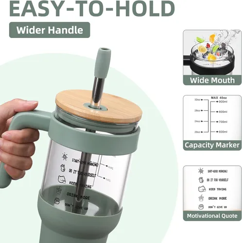 Miniatura 5 de Chunmo - Vaso de vidrio de 40 onzas con 2 tapas - Tapa de popote de bambú y tapa de popote 2-en-1 con apertura y cierre, taza para café helado