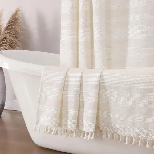 Miniatura 10 de OVZME Cortina de ducha bohemia negra, cortina de ducha estrecha de tela suave a rayas de lino texturizado con borla, moderna decoración de baño