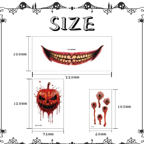 Miniatura 8 de Maquillaje de broma de Halloween, tatuaje temporal, 26 piezas de tatuajes temporales de Halloween para adultos, tatuajes de boca de Halloween
