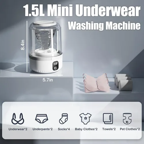 Miniatura 2 de Lavadora de ropa interior, mini lavadora portátil de 1.5 litros, lavadora de ropa interior recargable, limpia en profundidad, ropa pequeña
