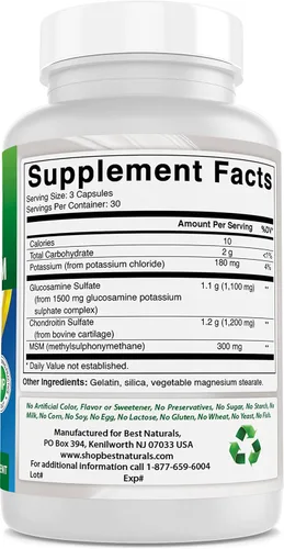 Miniatura 5 de Best Naturals, Suplementos MSM de glucosamina condroitina, 2600 mg por porción, 90 cápsulas (90 unidades (paquete de 3))