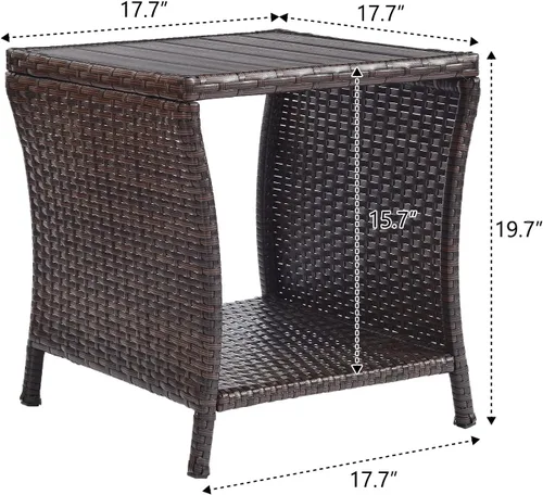 Miniatura 7 de Mesa auxiliar de patio al aire libre, pequeña mesa auxiliar de mimbre marrón para almacenamiento exterior, mesa de centro con mesa de madera