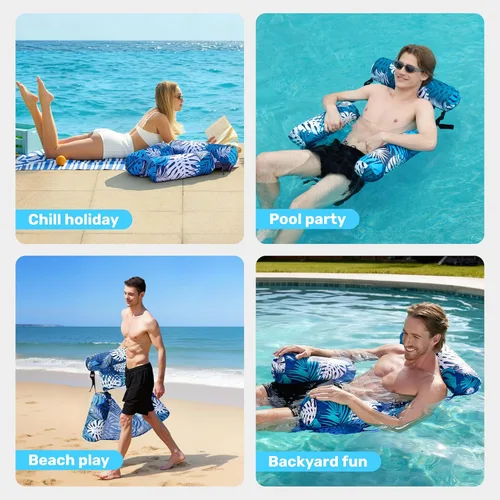 Miniatura 8 de Sloosh Sillas flotantes de piscina para adultos, sillas inflables de piscina, hamaca flotante con patrón de plantas para adultos, flotadores