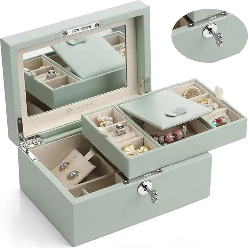 Vlando Organizador retro con cerradura para joyas, collares, aretes, anillos, estuche de almacenamiento con llave, el mejor regalo para mujeres y
