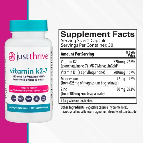 Miniatura 2 de Just Thrive Vitamina K2-7 - Suplemento de vitamina K2 para huesos, cerebro y corazón, 60 cápsulas