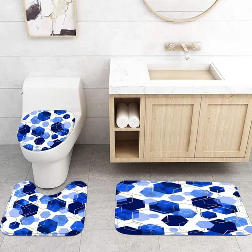 Miniatura 6 de LQCOOL Juego de cortinas de baño azules, 4 piezas de cortina de ducha geométrica de arte moderno con 12 ganchos, impermeable, opaca, 70.8 pies