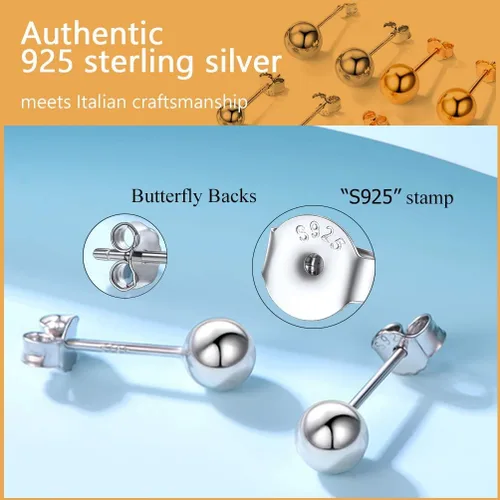 Miniatura 2 de PROSILVER 925 Sterling Silver Ball Stud Earrings, Hypoallergenic for Sensitive Ears, Womens Flat Back Studs, 3mm4mm5mm7mm, Come with Box
