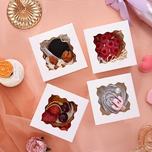 Miniatura 6 de Moretoes 120 cajas blancas para panadería, cajas de galletas de 4 x 4 x 2.5 pulgadas con ventana para pasteles pequeños, golosinas, donas, dulces