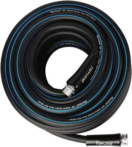 FEVONE Manguera de jardín sin torceduras de 50 pies, manguera de agua resistente | Flexible ligero, polímero híbrido, 5/8 ID, 600 PSI, accesorios de